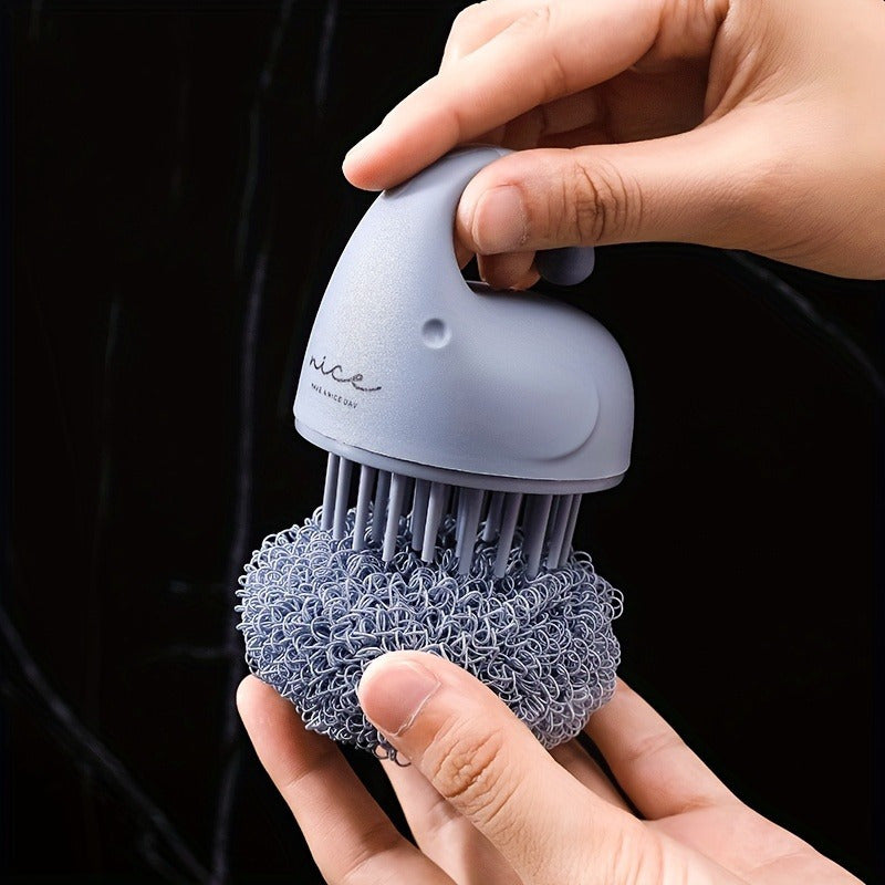 This product is a short-handled polyester cleaning ball and household cleaning brush, suitable for use in the kitchen for dishwashing and pot scrubbing. Please note that the thread ends are unable to be removed from this brush.