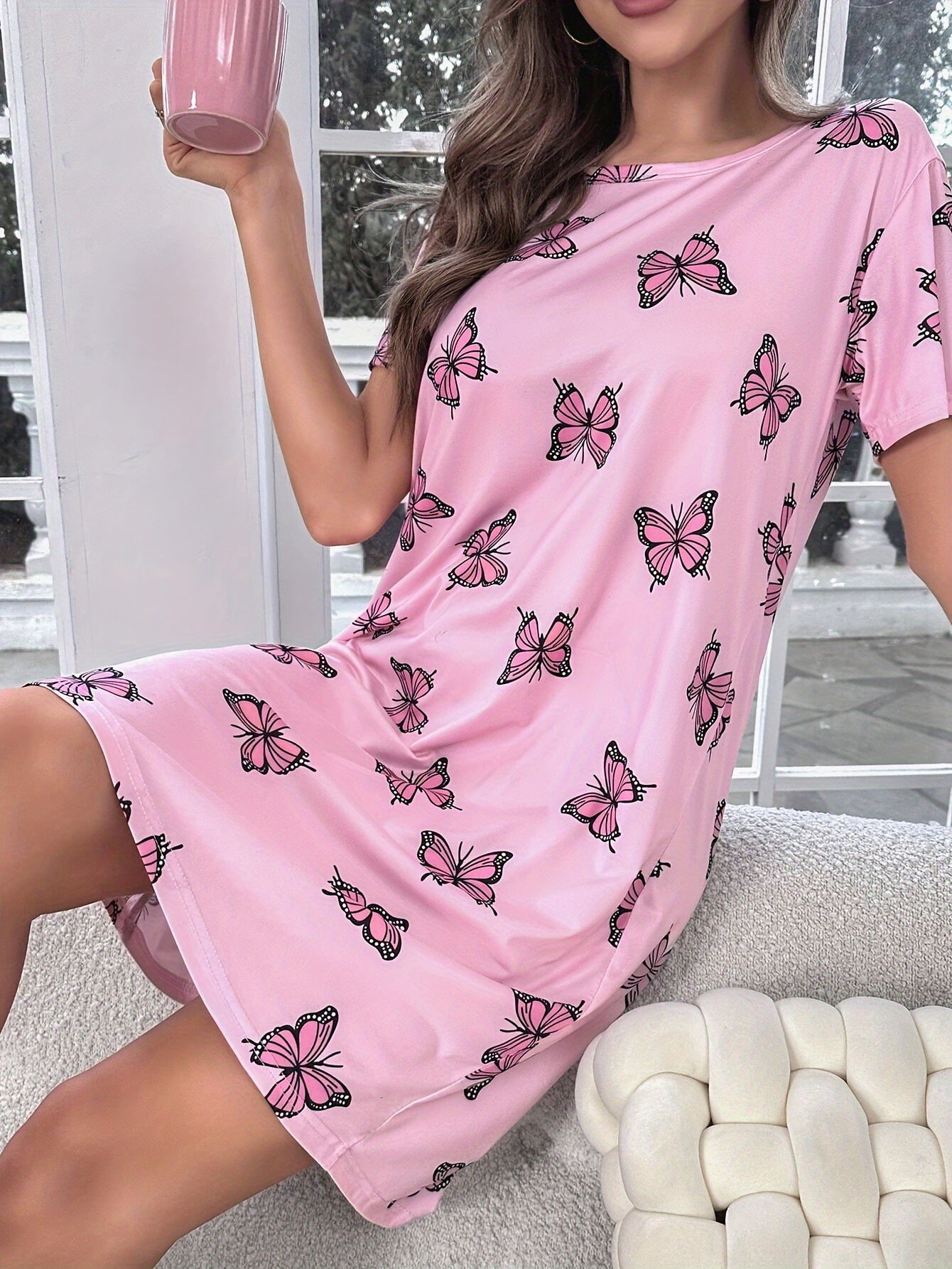 Butterfly print nightdress with short sleeves and round neck tee, ideal for women's sleepwear.