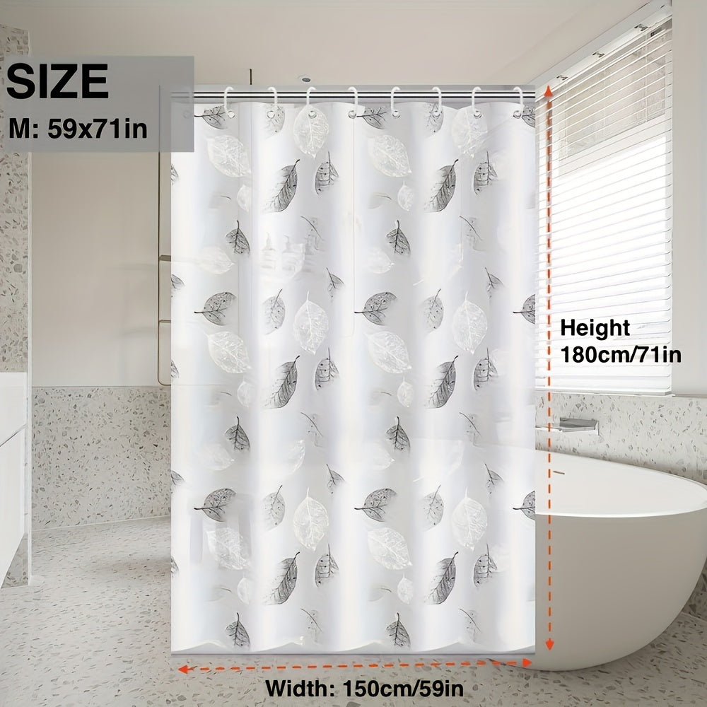 Leaf pattern shower curtain with metal grommets, easy to clean, includes hooks, ideal for bathroom decor and gift-giving.