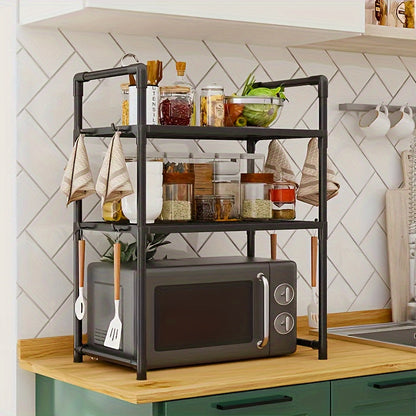 The Expandable Double-Layer Microwave Rack with Classic Style features 4 Hooks for added convenience. This Multi-functional Kitchen Storage Organizer is constructed with Metal and Plastic materials. Assembly is required, but no batteries are needed.