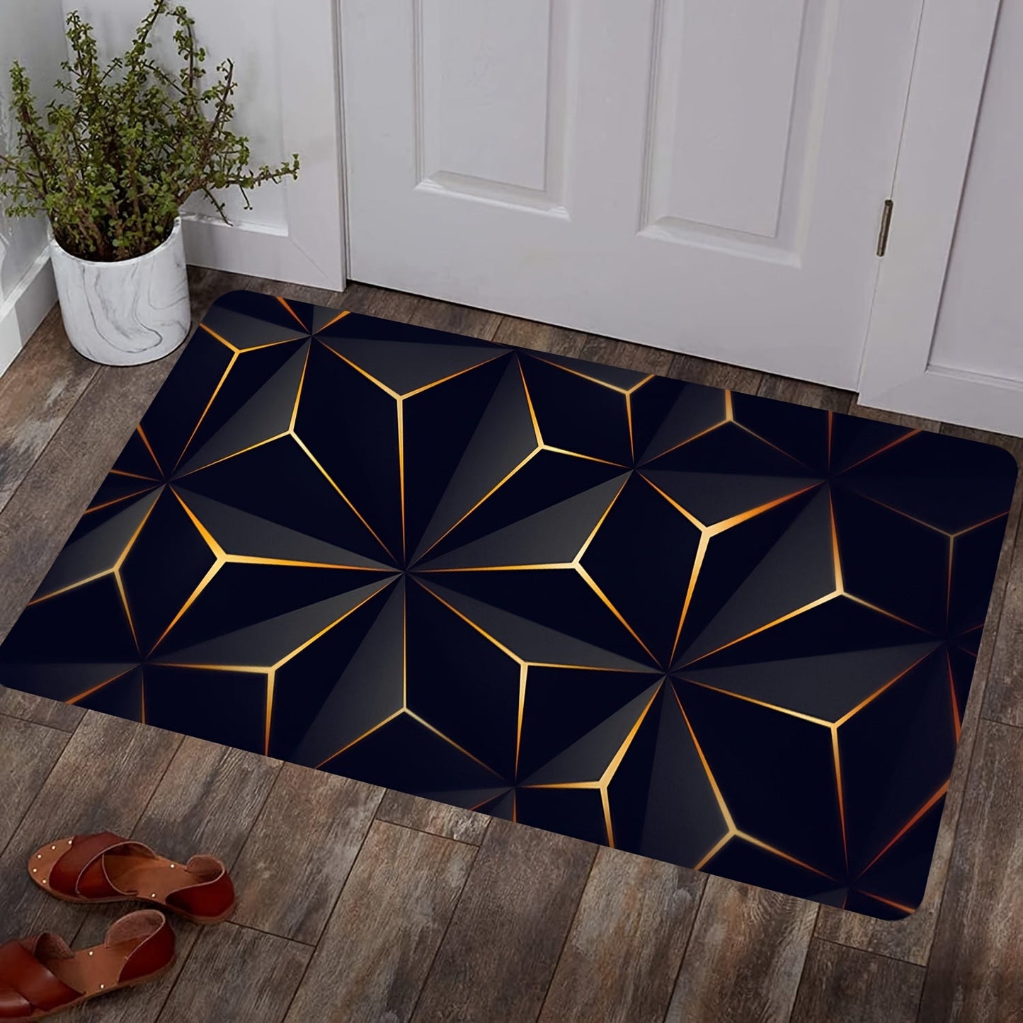 Stylish Black and Gold Geometric Area Rug - Contemporary, Easy-to-Clean Flannel Plush Carpet for Living Room, Bedroom, Entryway - Slip-Resistant, Absorbent Floor Rug