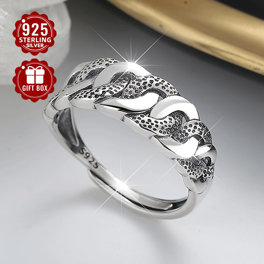 "Sterling Silver Geometric Twist Ring with Retro Neutral Design, Punk Style, and Fashion Sense for Women's Index Finger. Perfect for Party and Music Festival Wear, weighs approximately 3.2g."