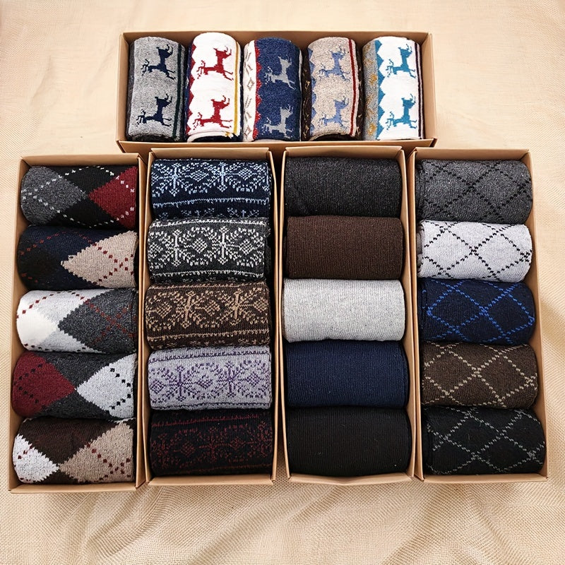 5 pairs of men's warm and comfortable wool socks, boxed for gifting.