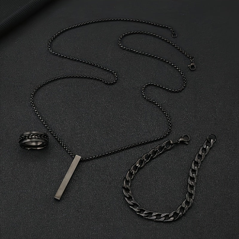 Stylish 3-piece men's jewelry set: black pendant necklace, bracelet, and ring made of durable stainless steel. Perfect Valentine's Day gift.