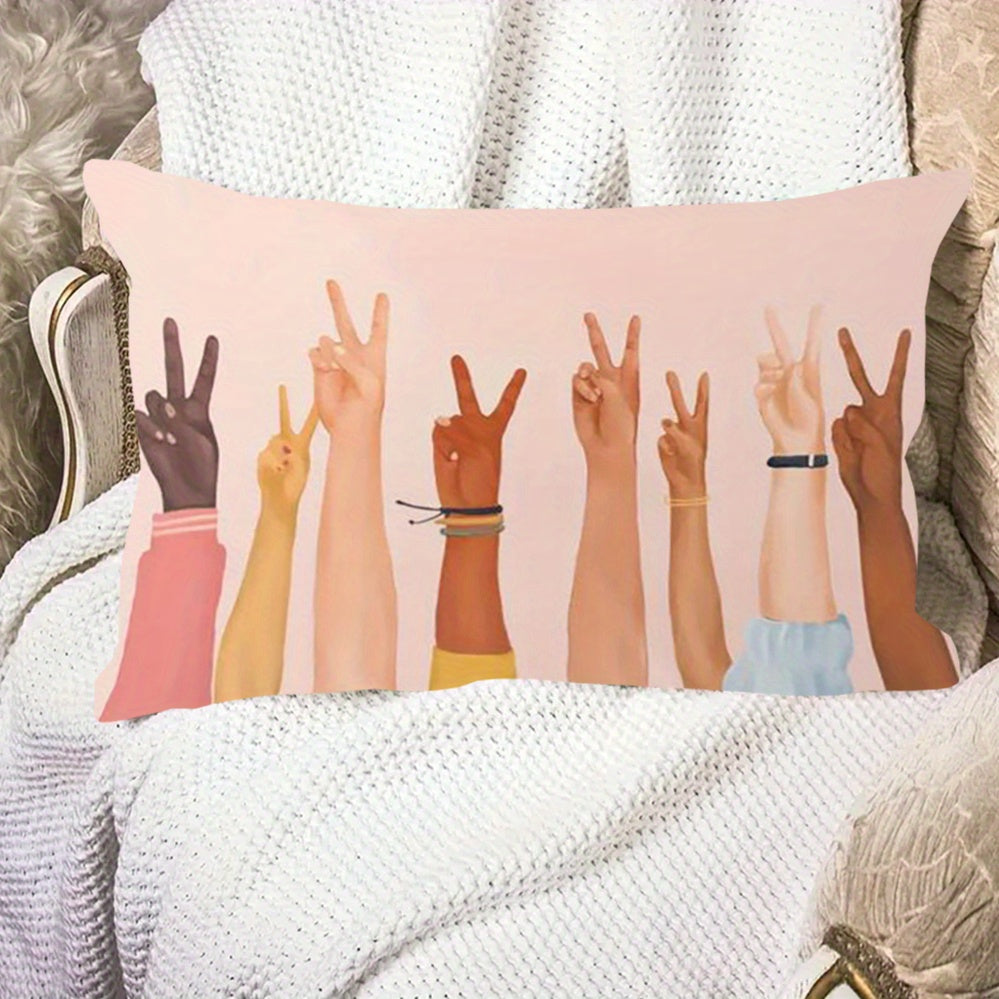 Single Peace Sign Hand Gesture Cushion Cover - Polyester Blend, 30.48x50.8 cm, Short Plush, Single-Sided Print, Perfect for Sofa and Home Decor - 1 Piece