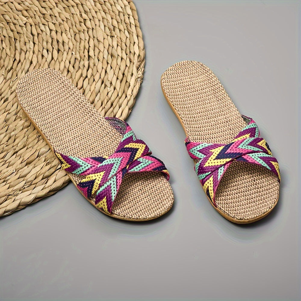 Women's Striped Linen Slippers - Comfortable Summer Fashion with EVA Sole