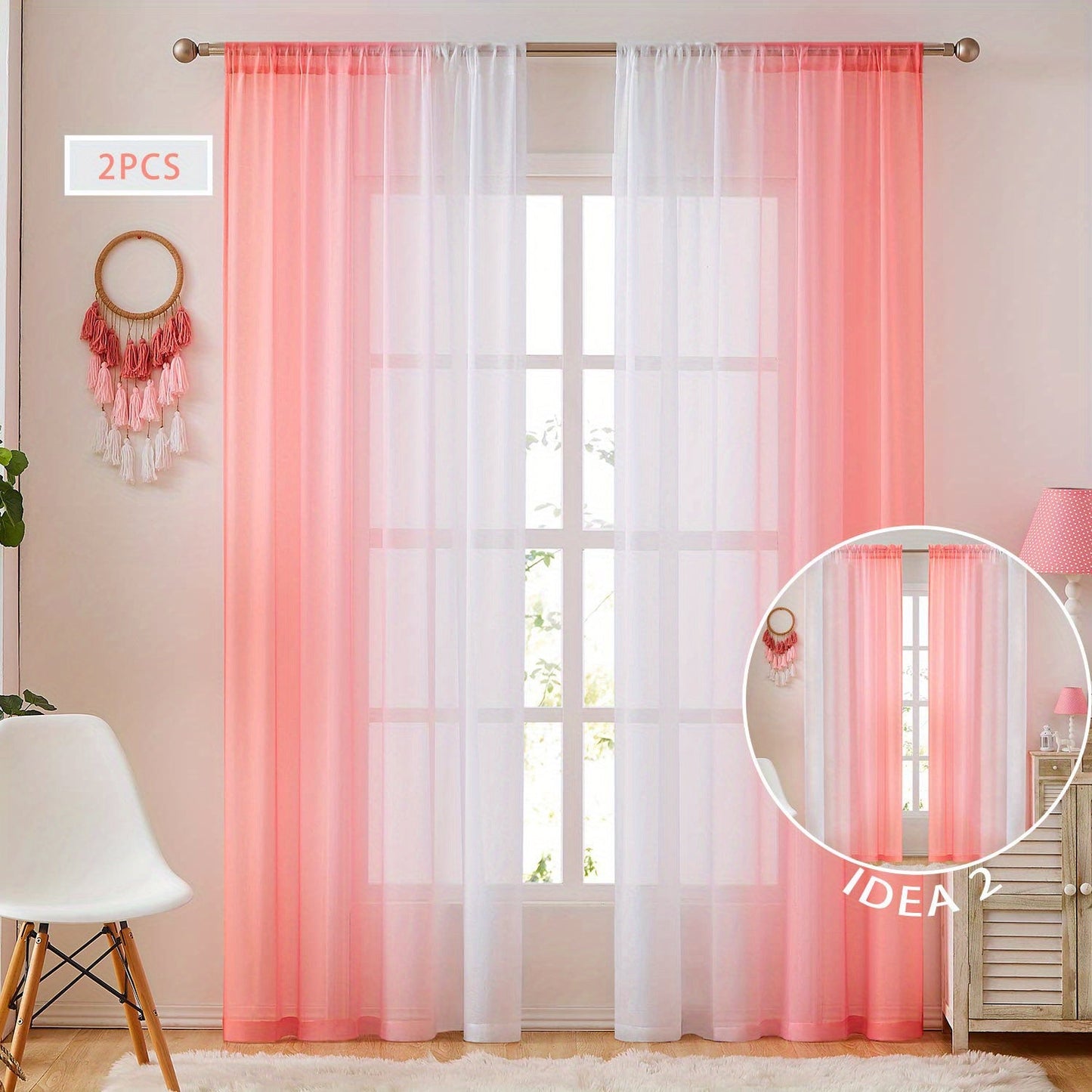 Two pieces of rod pocket curtains with a gradient style, made of transparent imitation linen material. These sheer curtains are perfect for adding a decorative touch to any bedroom, office, kitchen, living room, study, or home decor.