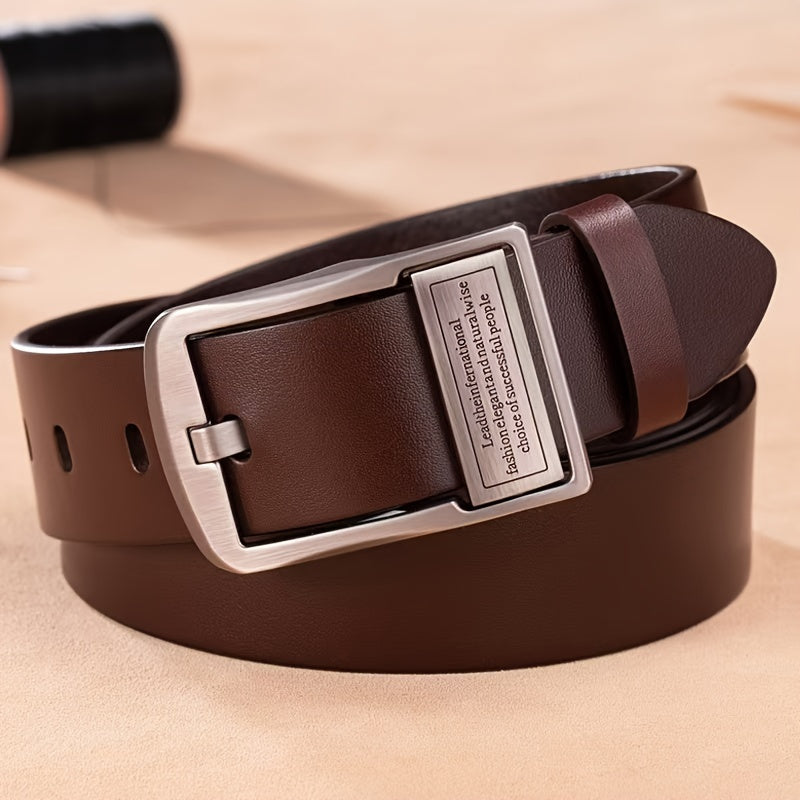 Stylish men's faux leather belt with vintage buckle, suitable for business and casual wear, available in multiple lengths.