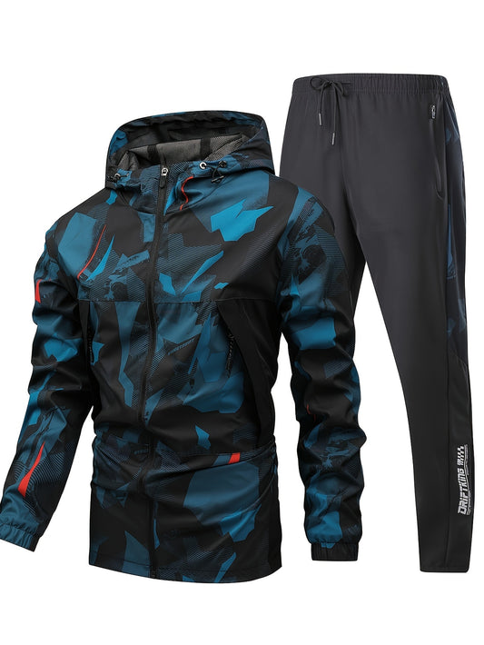 Men's camo sportswear set - includes hooded jacket and pants with zipper pockets, stretch fabric, machine washable - ideal for fall and winter casual fashion.