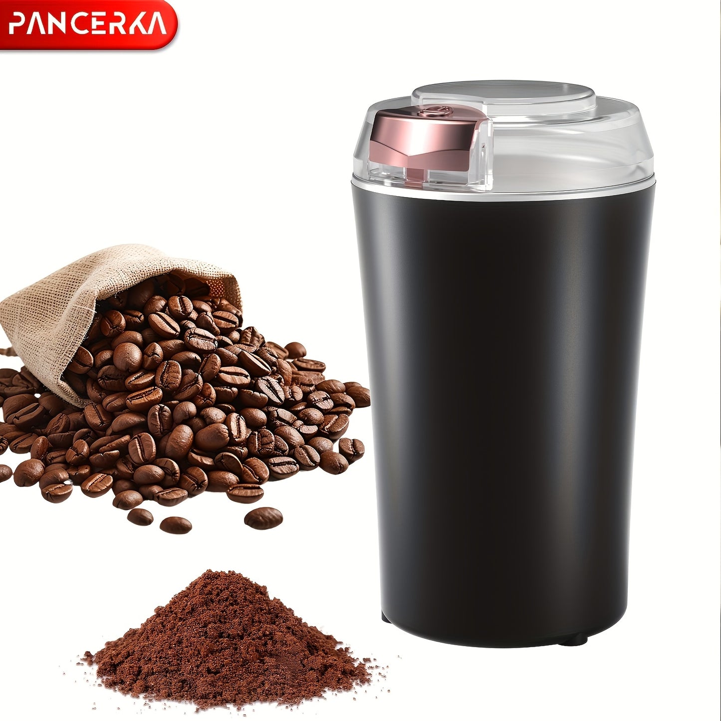 The PANCERKA Electric Coffee Grinder features a large capacity, stainless steel blades, one-touch operation, transparent lid, and a compact design with a safe locking system. It is easy to