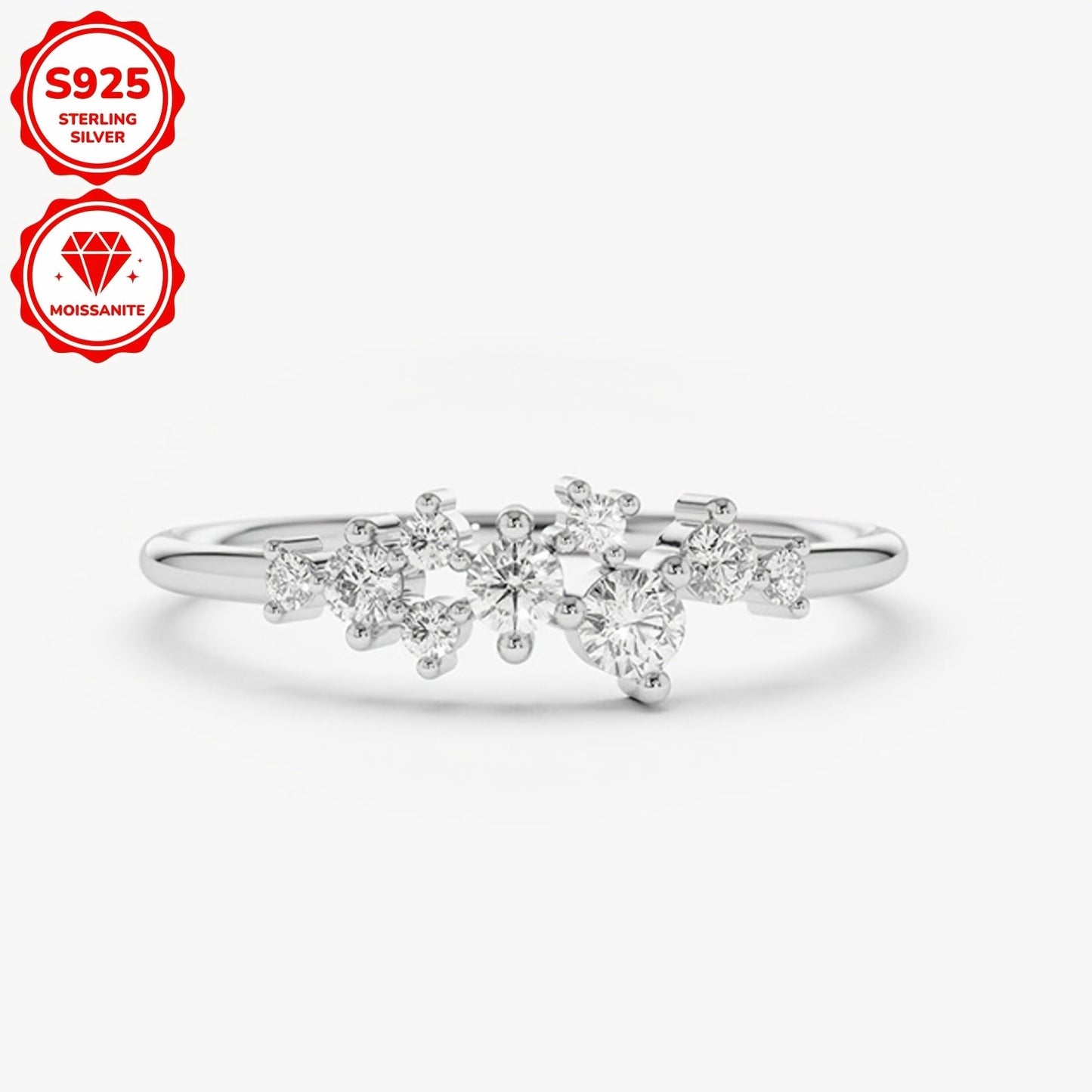 This delicate and stylish engagement ring for women is made of 925 silver and adorned with synthetic Moissanite stones. The ring features one 3mm stone, one 2.5mm stone, two 1.8mm stones, and five 1.6mm stones, totaling 0.3 carats. It is perfect for