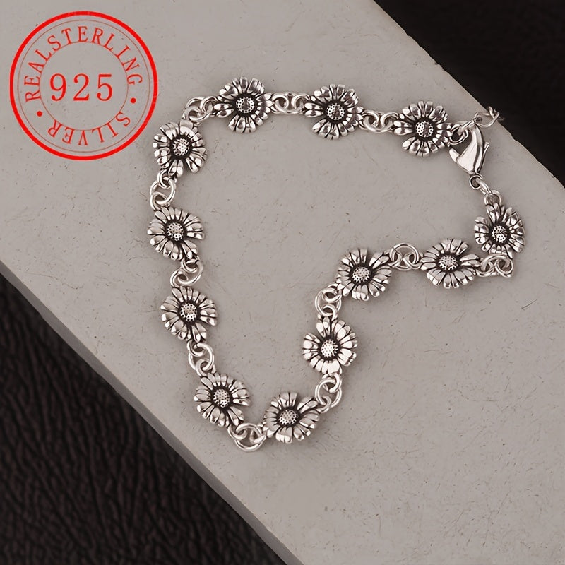 Vintage sunflower charm bracelet made of 925 sterling silver, a luxurious gift perfect for women with an October birthstone. This all-season jewelry piece weighs 4.7g (0.16oz).