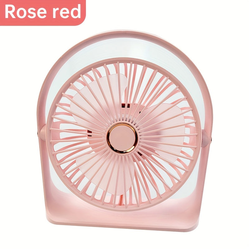 The Portable LED Display Fan features a 6-inch transparent blade with backlighting, designed to be clipped on or used with the stand. It is USB rechargeable with a 1200mAh lithium battery and operates quietly, making it perfect for use in offices