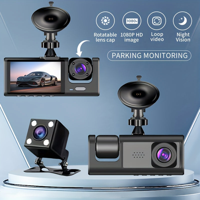 Vavupo 3-Channel Dash Cam with IR Night Vision - 1080P HD, Front & Rear Recording, Loop Playback, 5.08cm IPS Display, Wide Angle Lens, USB Powered