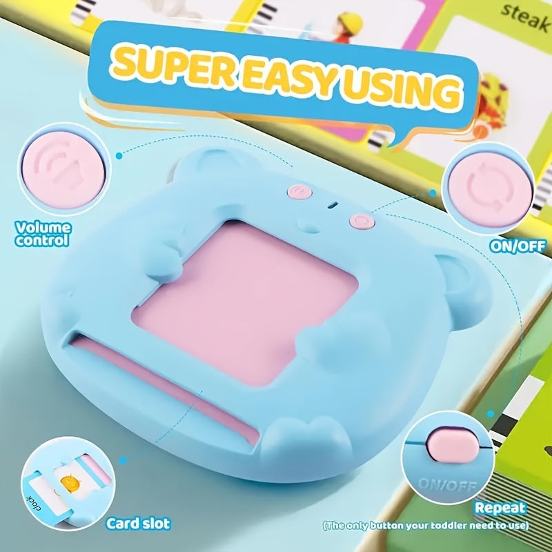 224 out of 510 words describe the Youngsters Talking Flash Card Reader. This product includes 112 double-sided cards in both blue and pink colors. It is rechargeable and serves as an educational interactive toy for children aged 3 and up. The Learning