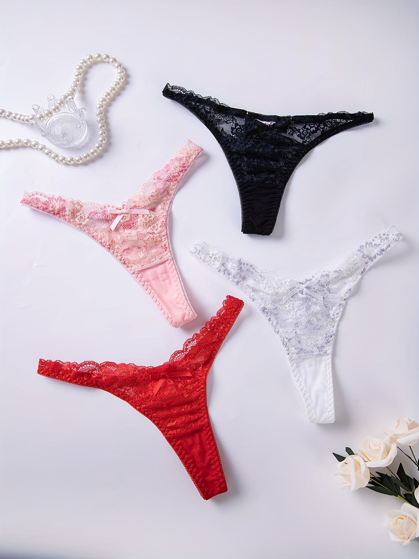 Set of 4 Lace Thongs with Bow Knot, Women's Sexy Lingerie