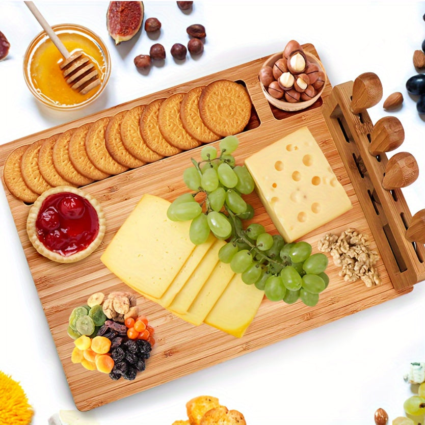 Versatile bamboo cheese board set with knife for festive occasions – perfect for serving cheese, fruit, and nuts.