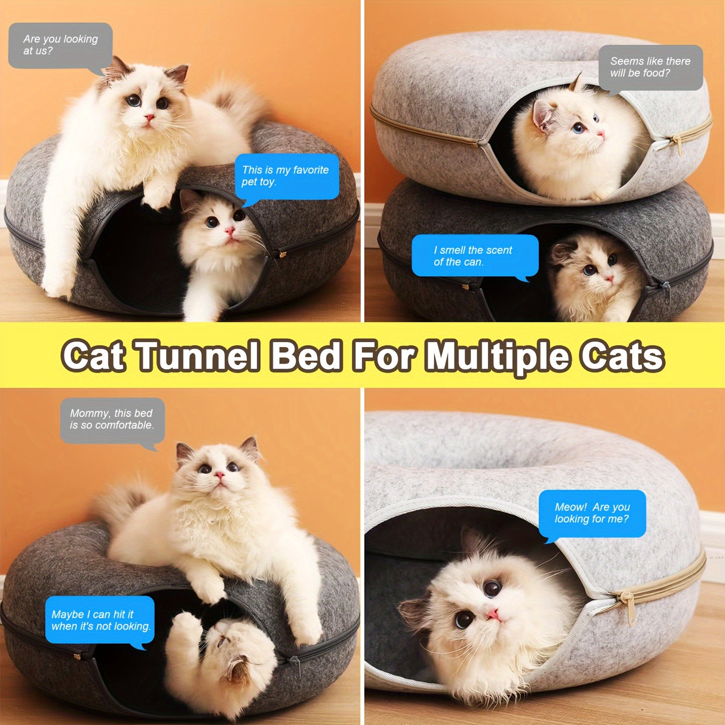 Versatile cat tunnel bed made of cozy wool felt in gray, with foldable design and zippered split for easy cleaning. Perfect for play, sofa, or bed use.