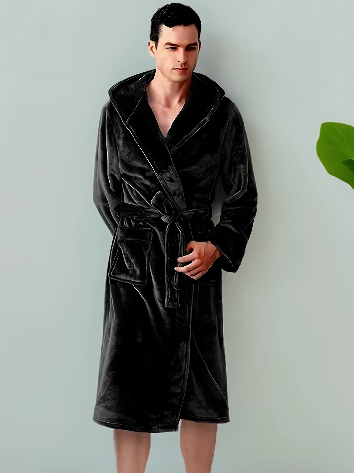 1pc Men's casual long sleeve hooded robe made from solid color polyester knit fabric with pockets, slight stretch, and regular fit suitable for all seasons.