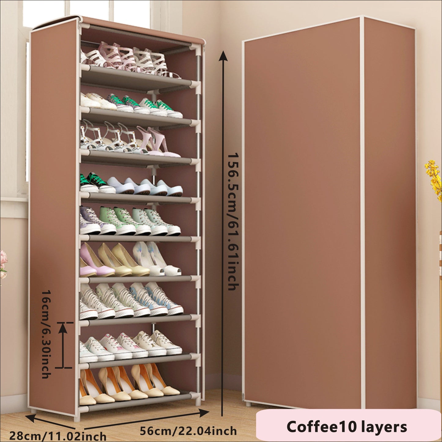 Stylish and durable shoe cabinet with dust cover, featuring a fabric cover with zipper. This shoe rack is perfect for hallways, closets, and garages. The free-standing metal shoe storage rack comes in various patterns.