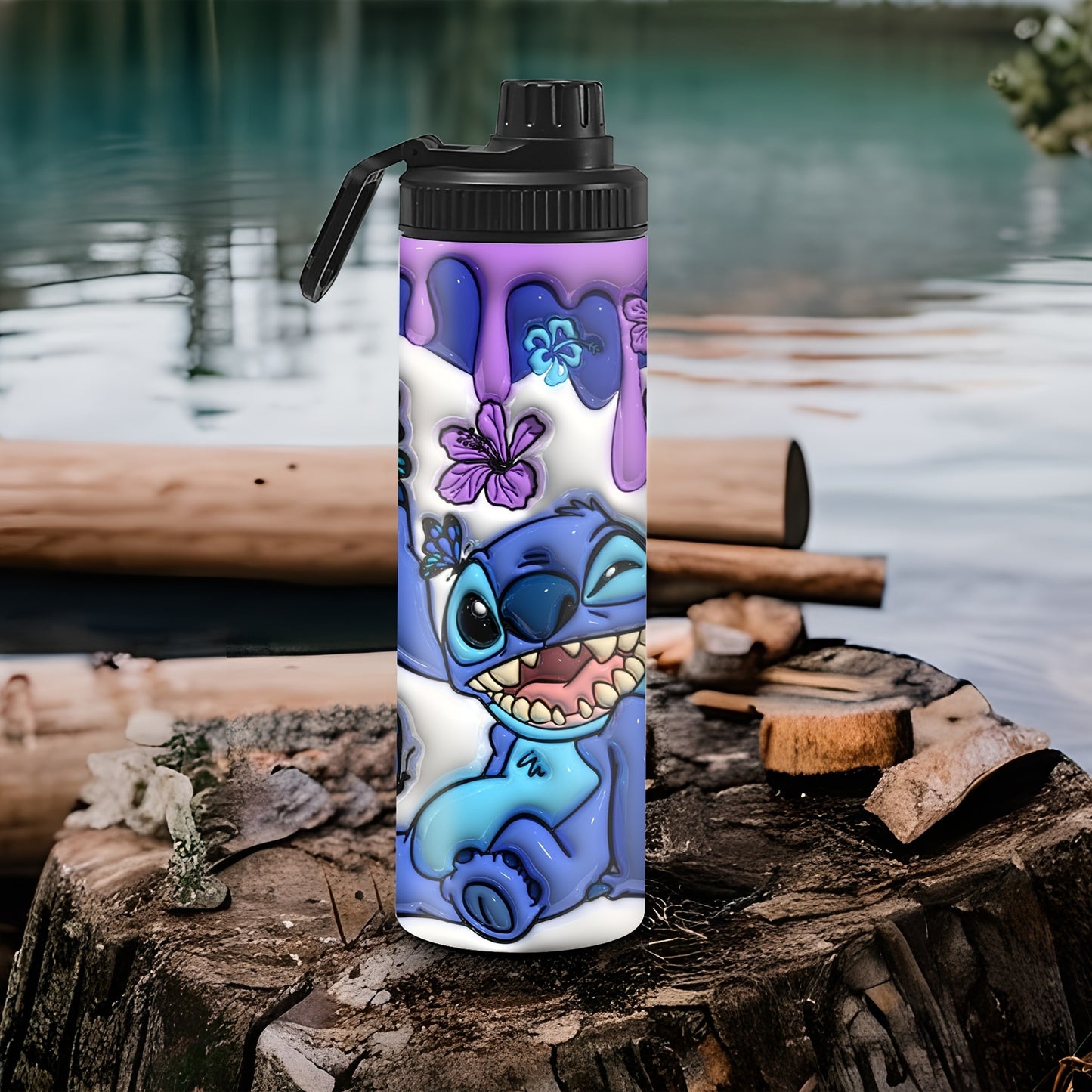 Stitch and butterfly print stainless steel water bottle, insulated for hot and cold drinks, leakproof lid, hand wash only, BPA-free, perfect for outdoor travel and gifting.