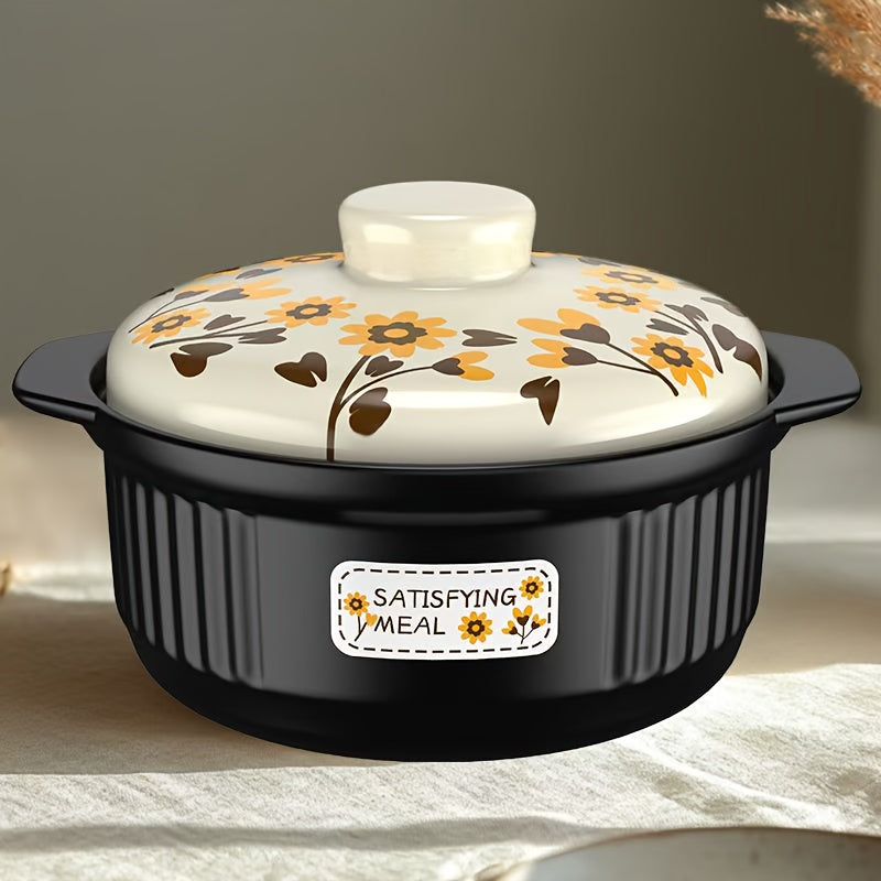 Ceramic casserole dish with sunflower design, 3400ml capacity, round shape, dishwasher safe. Ideal for stew, soups, and other dishes. High temperature resistant, suitable for use on gas stoves. Crack-resistant and explosion-proof.