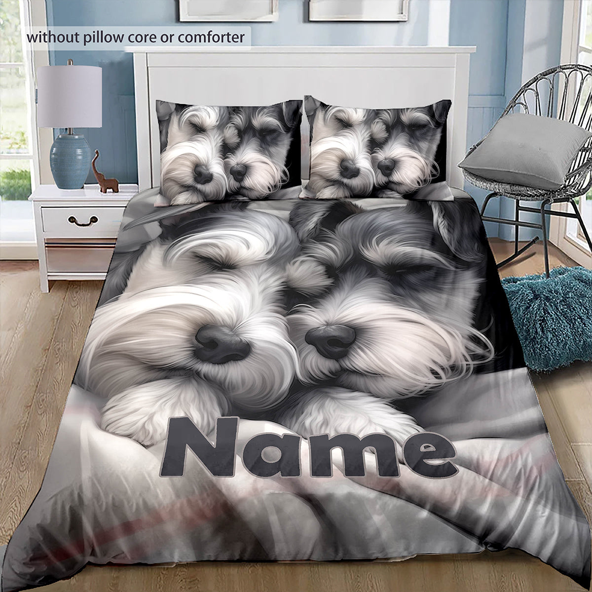 This three-piece set features two adorable Schnauzer themed quilt covers in a retro style. The bedding set is machine washable and has a zipper opening, making it suitable for all seasons. The high-definition set includes 1 large quilt cover and 2