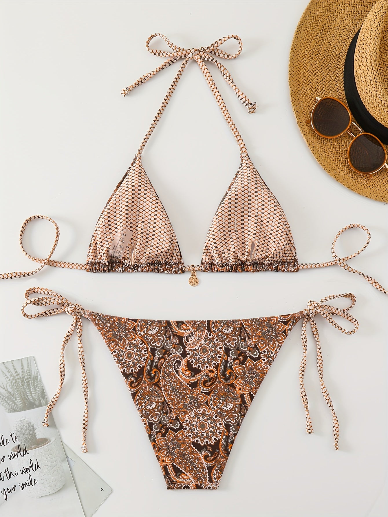 Print Strap Neck Bikini Set