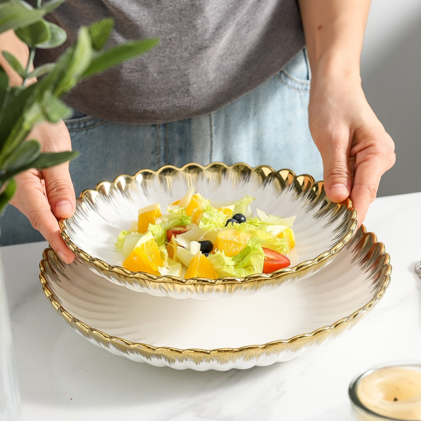 Set of 4 ceramic plates with golden rim, perfect for pasta, salads, and desserts. Dishwasher safe, ideal for home, dorms, and restaurants. Great housewarming gift.