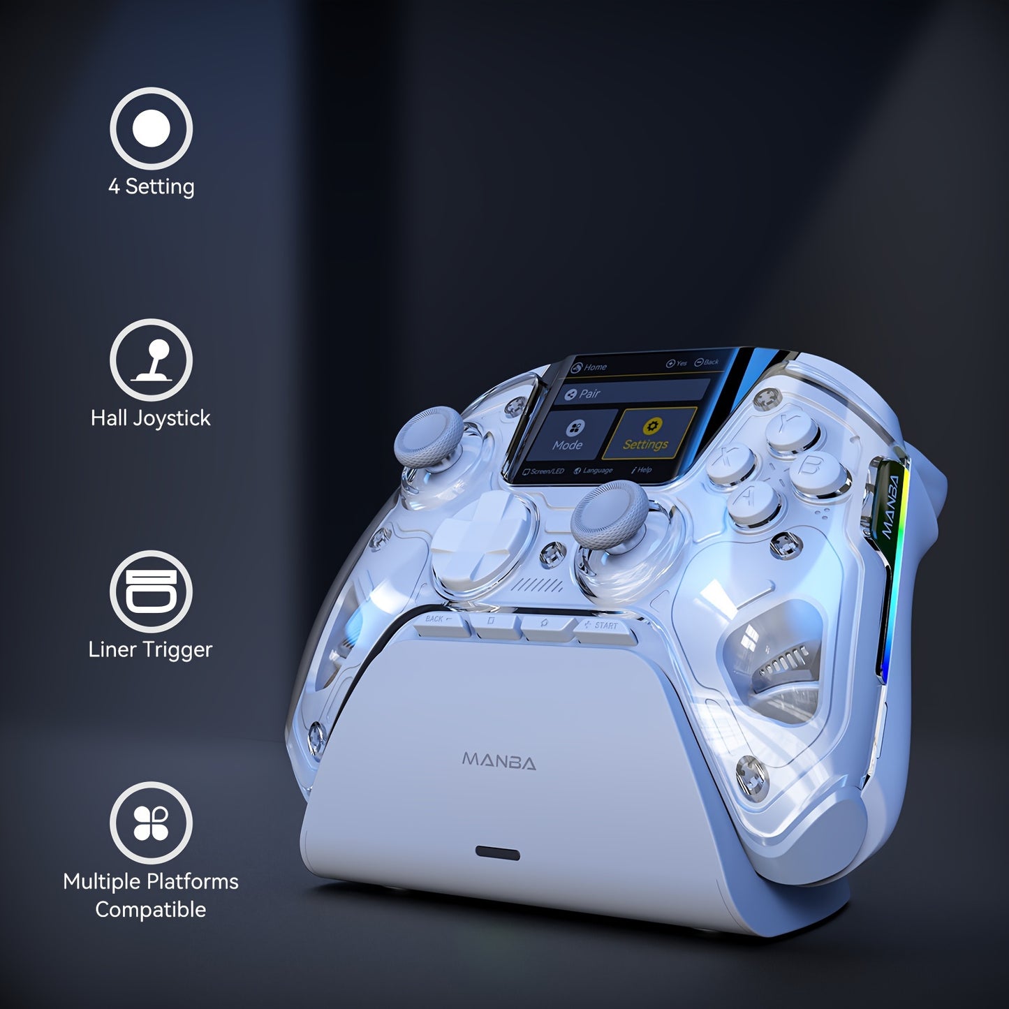 Wireless gaming controller for various devices with Hall Effect stick and trigger, RGB lighting, remappable buttons, and charging dock.