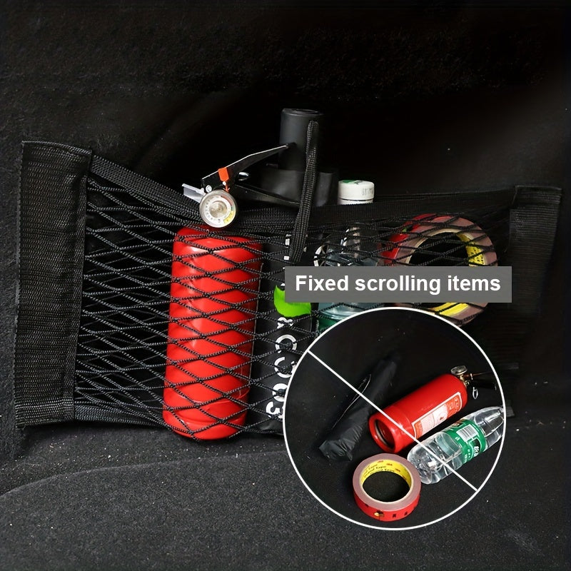 Universal car storage net for trunk organization with nylon material, can be used on rear seat or trunk wall.