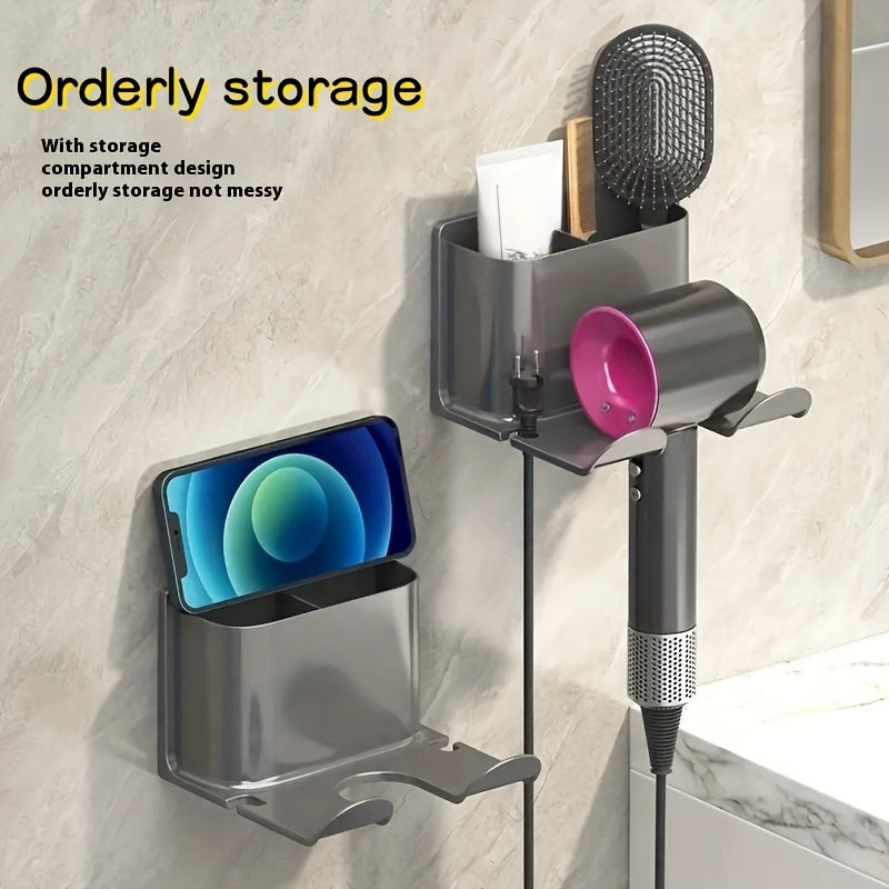 Wall-mounted bathroom organizer rack with multiple functions including storage for hair dryer, combs, razors, and makeup. Features a smartphone holder and durable plastic construction. No drilling required. Great Christmas/Halloween gift for home