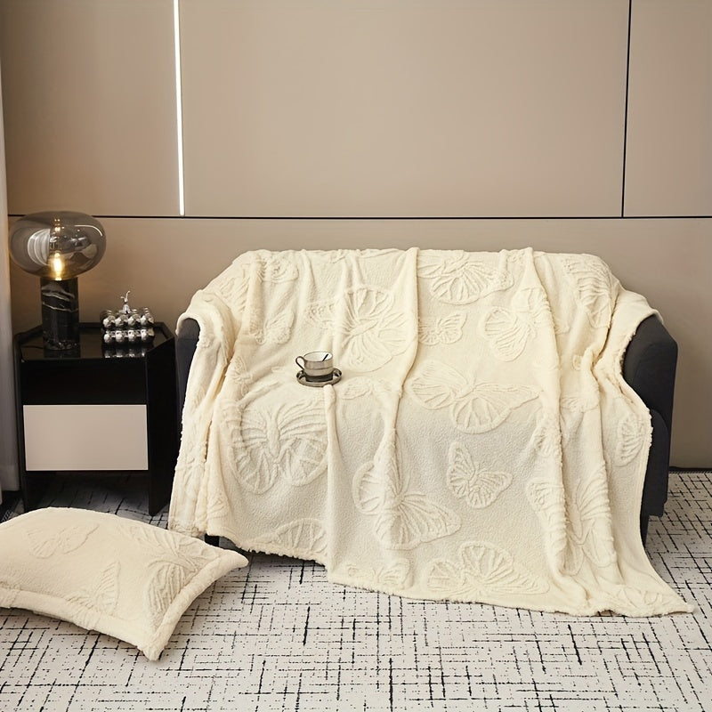 Elegant White Taffeta Butterfly Jacquard Throw Blanket - Luxuriously Soft, Warm, and Cozy for Couch, Bed, Office, and Travel - Versatile All-Season Gift in Solid Multifunctional Color