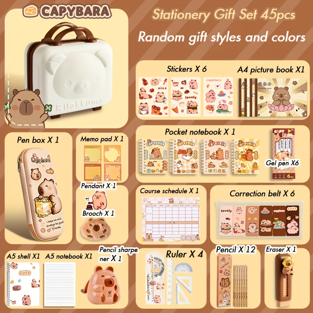 Capybara-themed stationery gift set with notebooks, pens, paper clips, and accessories in a tote bag for students, animal lovers, and student rewards.