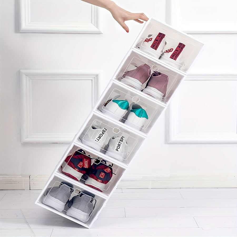 12 clear shoe boxes with hinged lids, collapsible storage containers, drawer-style clear shoe organizer, plastic shoe holder, multi-tier space-saving storage system.