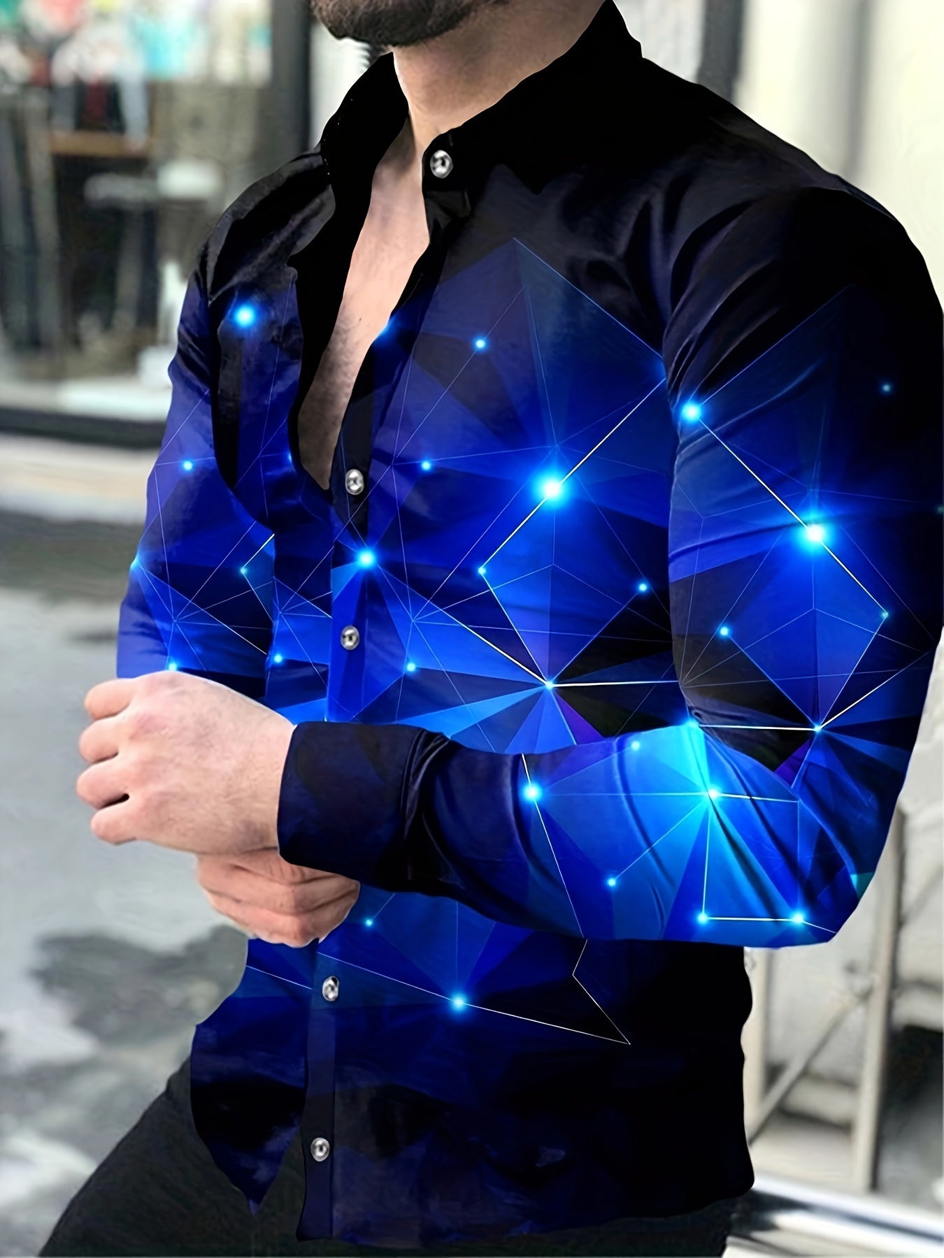 Men's Blue Starry Night Geometric Long Sleeve Shirt - Casual Polyester Blend, Button-Up with Chest Pocket, Machine Washable