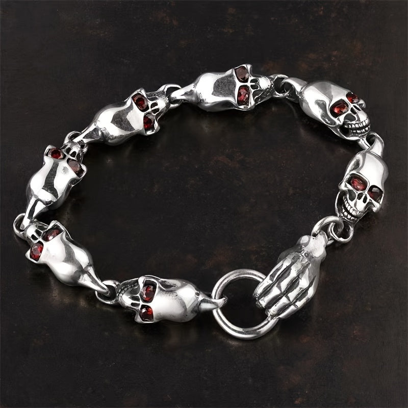 Vintage-inspired 925 sterling silver Gothic skull bracelet featuring a striking red eye charm. This adjustable punk style jewelry is ideal for couples and is perfect for daily wear and music festivals.