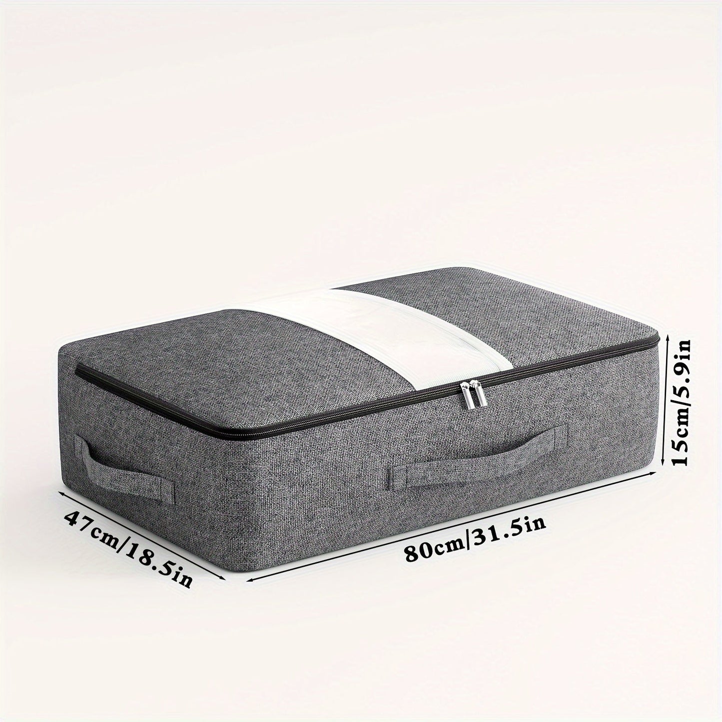 Under-bed storage bag with transparent window, handle, and generous capacity for storing clothes, quilts, and blankets.