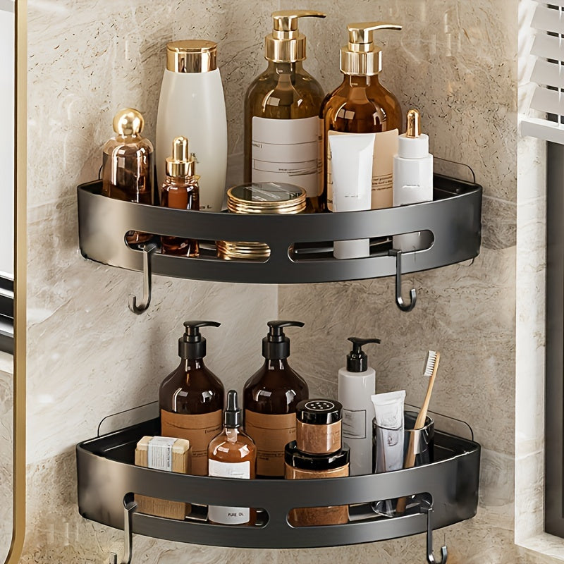 Triangle corner shelf saves space in bathroom, organizes shampoo, shower gel and cosmetics. Easy to install with anti-slip design, enhances bathroom decor.