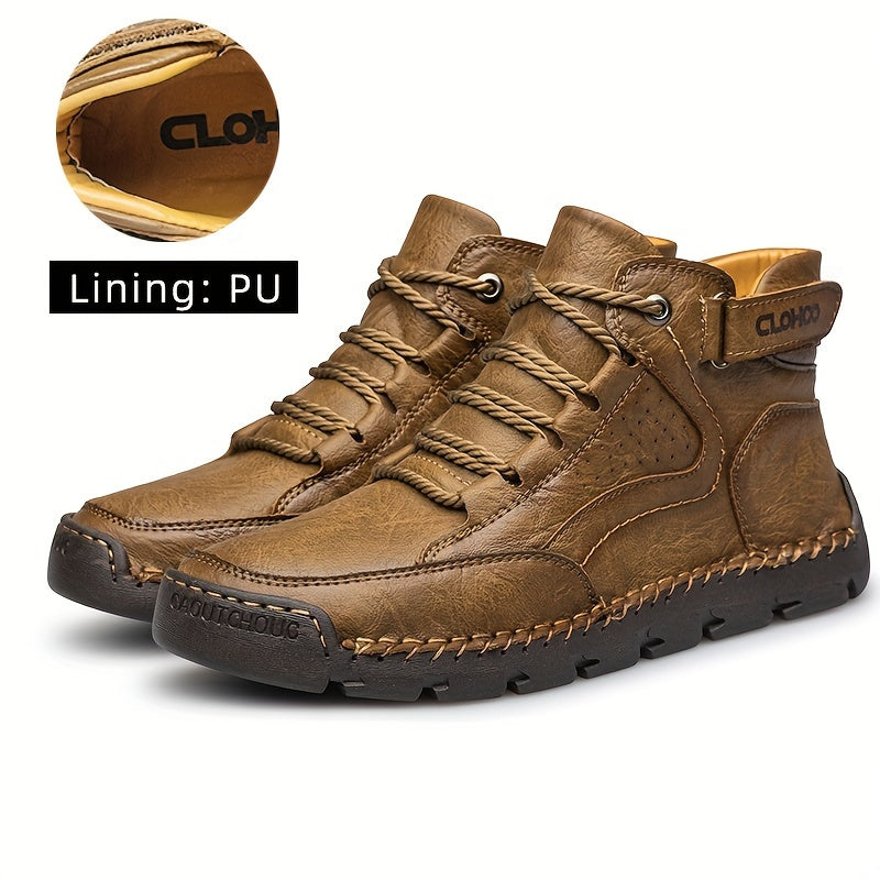 CLOHOO Men's High-Top Casual Ankle Boots with Handcrafted PU Upper & Lining, Rubber Sole for Enhanced Grip, Round Toe Lace-Up Closure, Warm Plush Interior, Solid Color Design for Outdoor