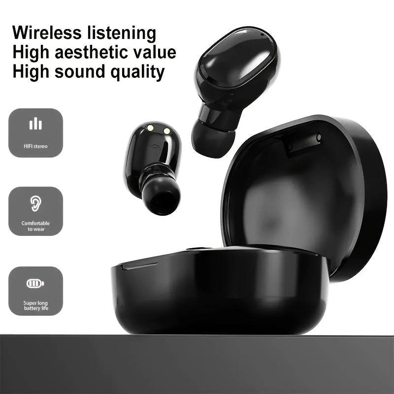 Compact and portable wireless headphones with transparent space capsule design and battery level display.