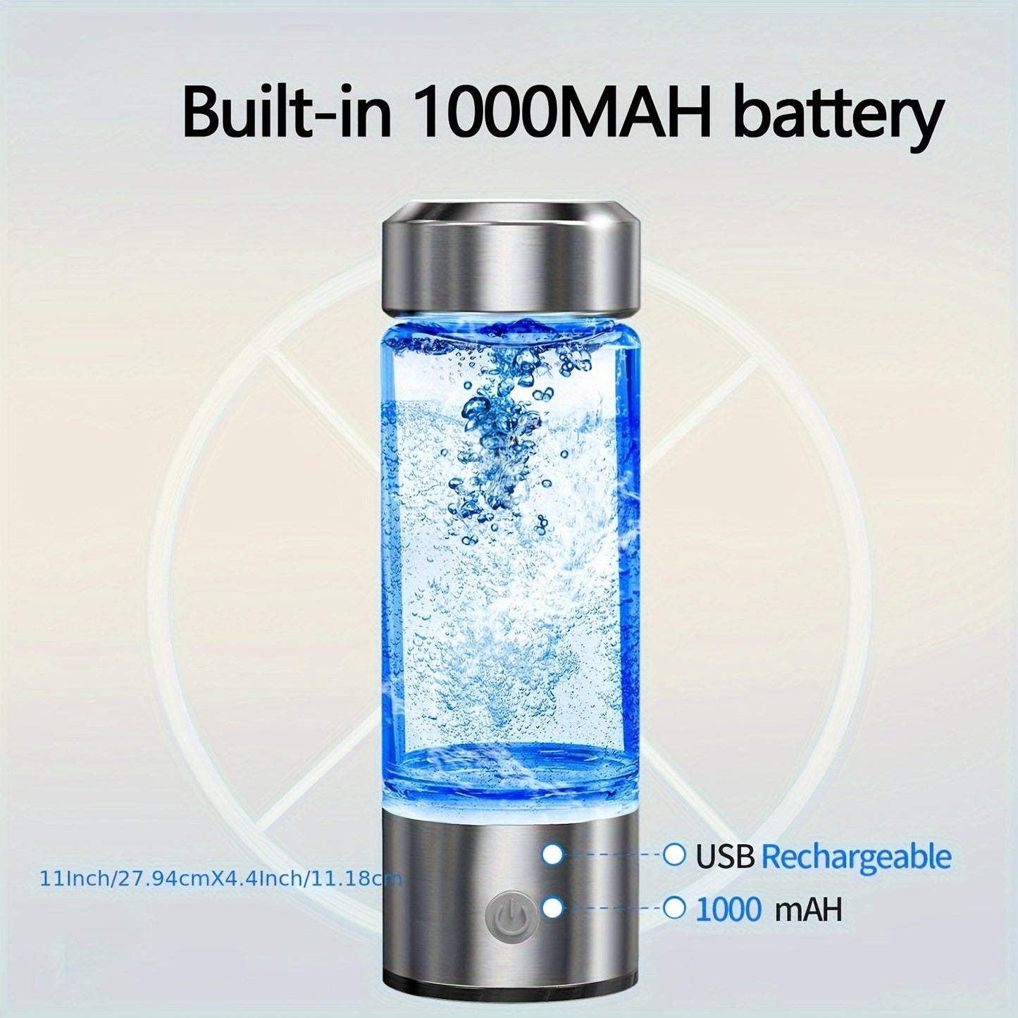 Introducing the Mueuton Portable Water Ionizer Bottle - Rechargeable via USB, Made with Durable Borosilicate Glass and Stainless Steel Lid. Features a Long-lasting 1000mAh Battery, Perfect for Family Trips and Outdoor Adventures. Only from Mueuton.