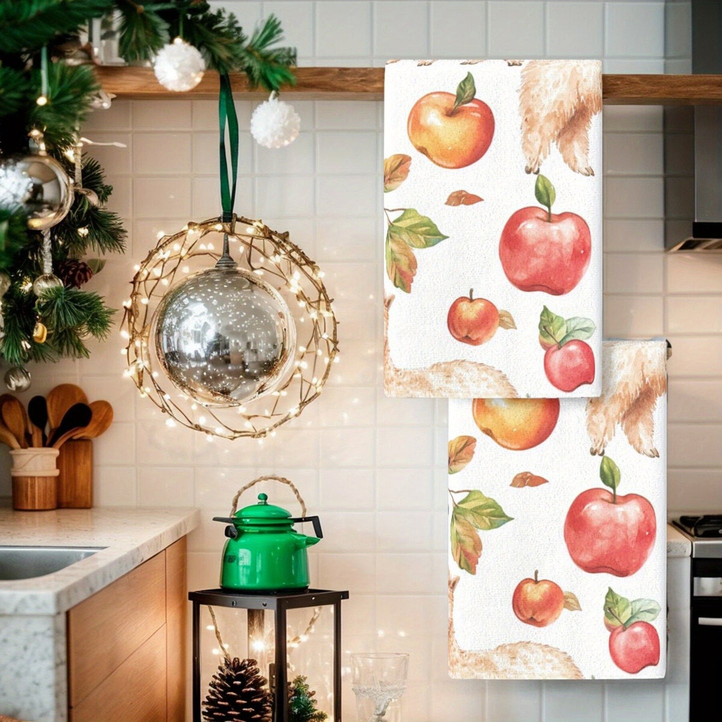 Set of 2 Alpaca Print Dish Towels: Enjoy this 2-pack of contemporary Apple and Alpaca print dish towels, made of durable polyester material. These rectangular kitchen towels feature a floral theme, adding a stylish touch to your home decor. Hand wash