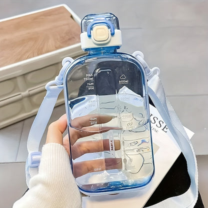 Portable square water bottle with adjustable shoulder strap for travel, sports, and camping. Hand wash only. Lightweight round plastic bottle that is PVC free.