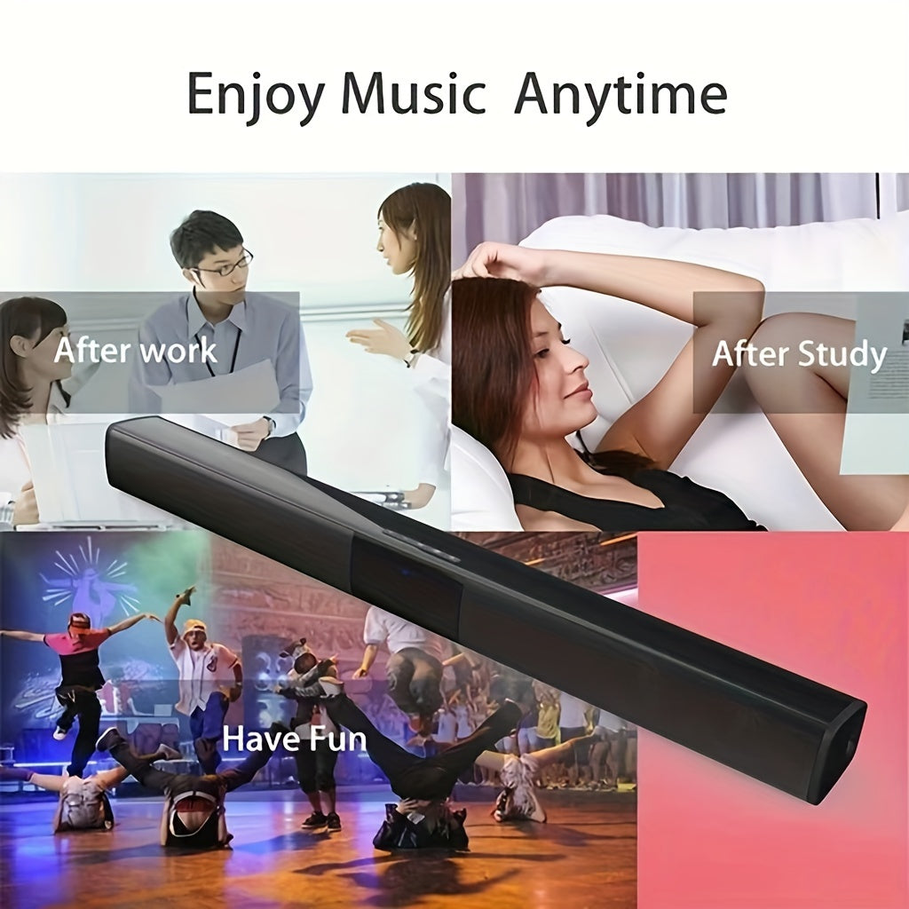 Wireless soundbar with built-in subwoofers and stereo speakers for use with computers, smartphones, and tablets, featuring button control and USB charging.