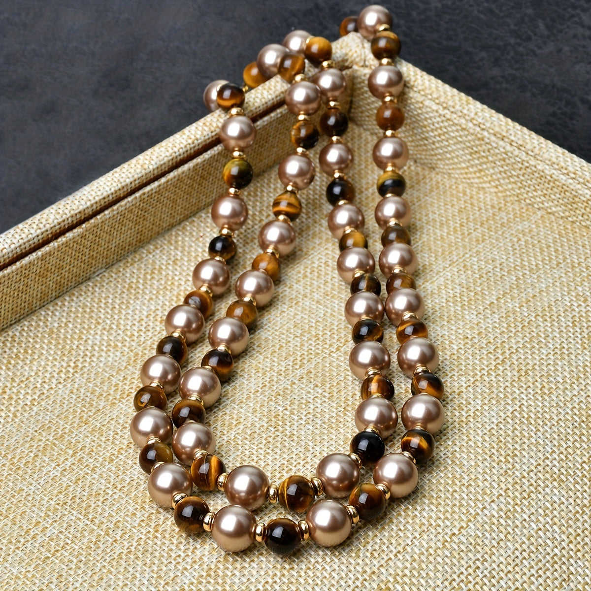 Vintage Bohemian Tiger Eye Stone and Glass Pearl Beaded Necklace - A Versatile Fashion Statement for Any Occasion, Perfect Gift for Loved Ones During the Colder Months.