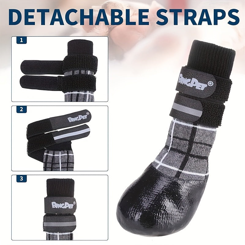 BINGPET Anti-Slip Dog Socks, Waterproof with Reflective Straps, Plaid Pattern - Paw Protectors for All Seasons, Ideal for Small to Large Dogs on Hardwood Floors & Hot Pavement