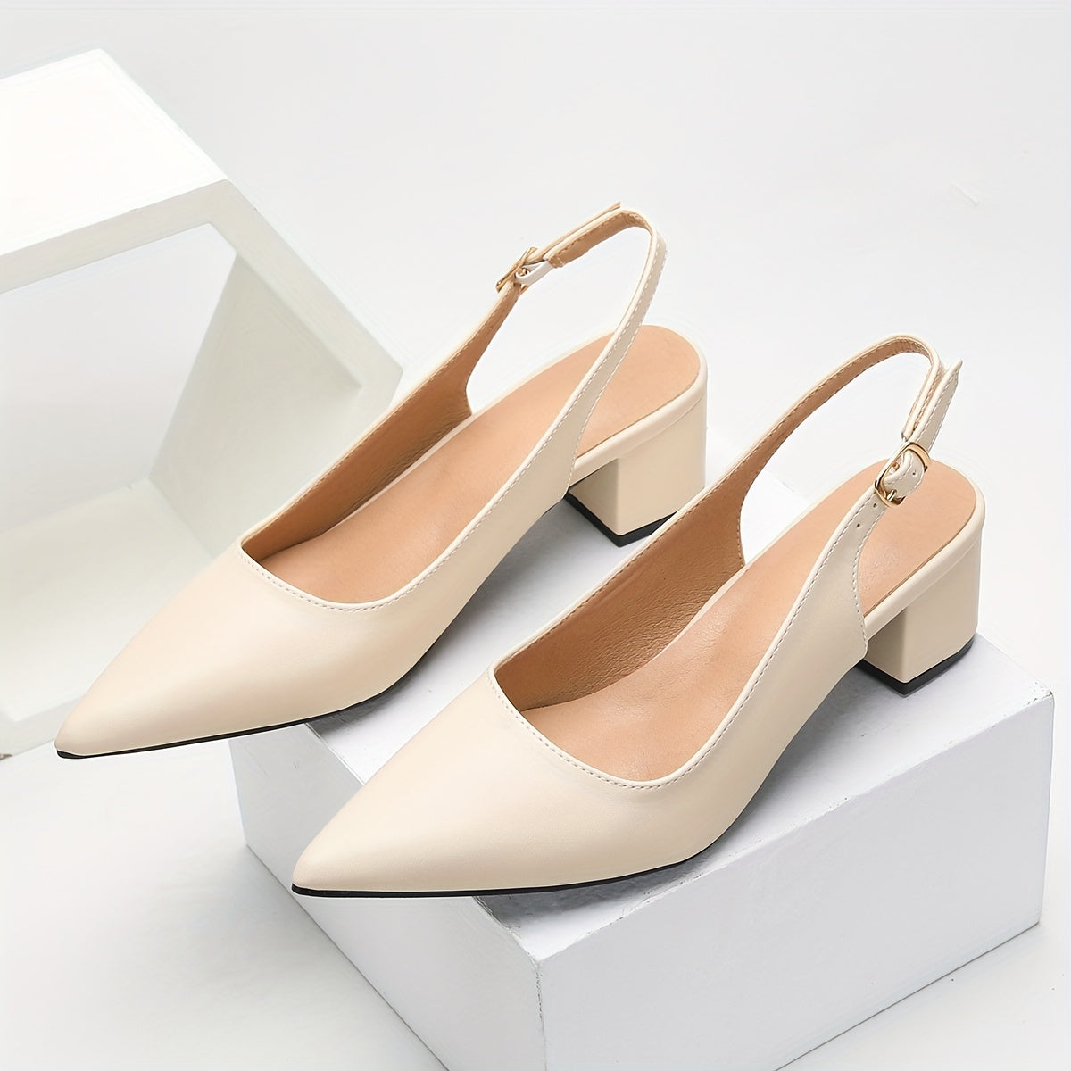 Stylish women's block heel pumps with ankle strap, open back design for parties and all seasons.