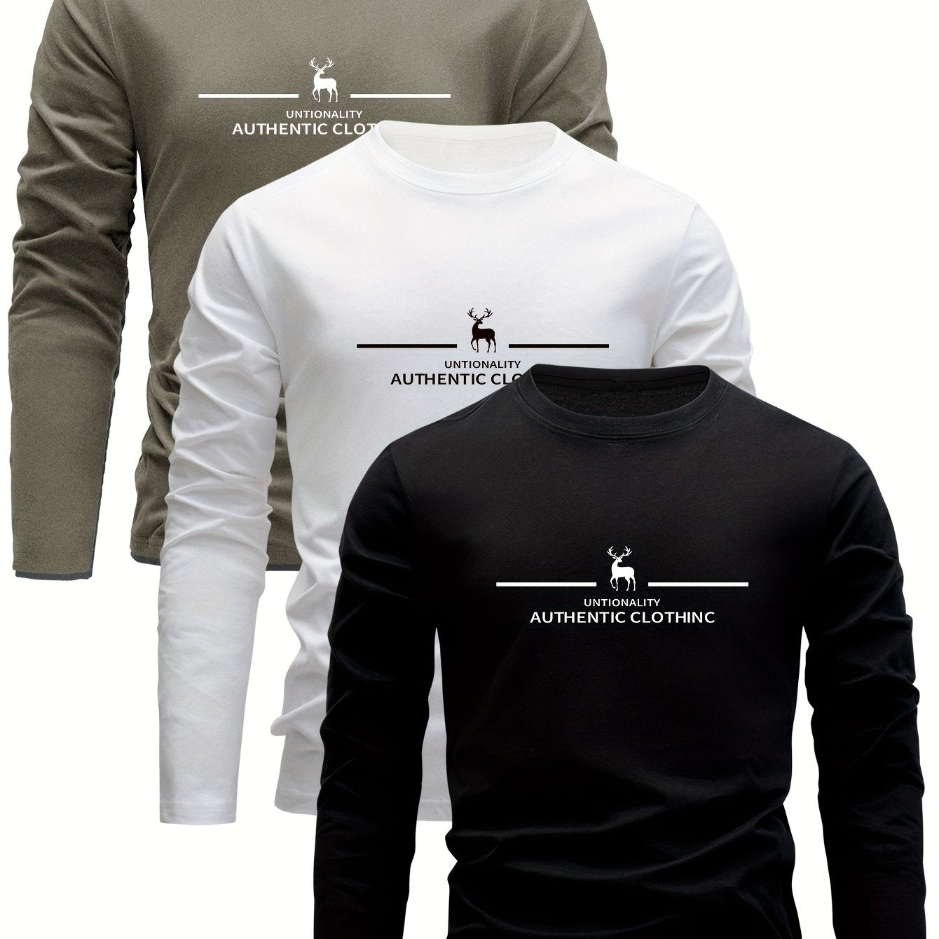 Men's 3-piece cotton long sleeve t-shirts with deer print, ideal for sports and outdoor activities.