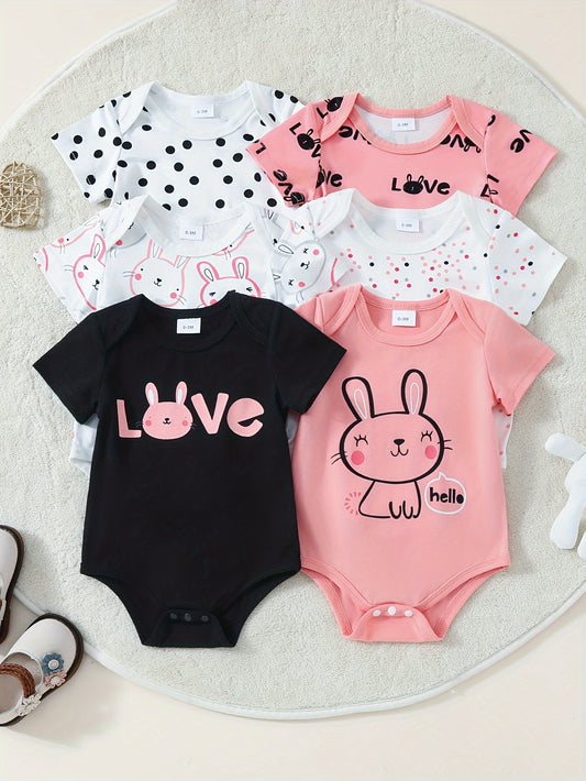 Set of six cute bunny-themed short-sleeve onesies for outdoor wear